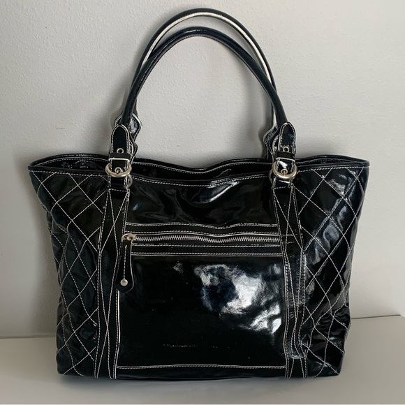 Cavalcanti Genuine Black Patent Leather Shoulder Bag Quilt Made In Italy Large - Picture 2 of 16